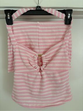 SHEINPink & White Striped Halter Bandeau Top with sporty matching short bottoms.